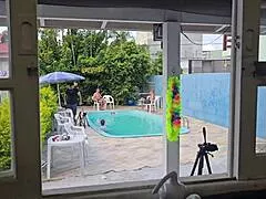 Hey, I gave my pussy to husband's friends in kitchen while he cleaned pool - final part voyeur cuckold