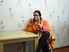 Chubby Russian MILF Masturbates Shaved Pussy with Food Fetish Big Saggy Tits Breakfast