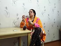 Chubby Russian MILF Masturbates Shaved Pussy with Food Fetish Big Saggy Tits Breakfast