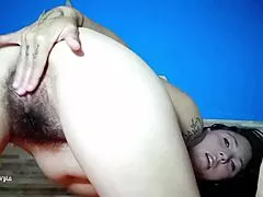 Petite Latina Spreads Legs Doggy, Fingers Huge Hairy Pussy Closeup