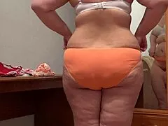 big ass chubby milf tries panties near mirror fingers hairy pussy in lingerie amateur.