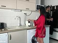 Tired wife gulps hubby's load after work