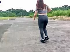 liat that busty chick jogging gets invited for a bent over blowjob till he explodes on her big ass