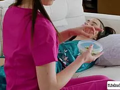 imagine a busty masseuse devouring her client's shaved pussy till she moans loud