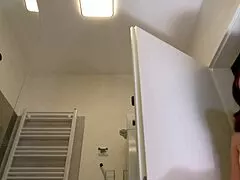 whoa, check out this hottest redhead milf wife's tiny skirt and fishnets in the bathroom