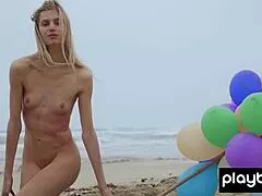 skinny italian milf francy torino strips naked on beach, plays with small tits