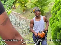 Gardener's big black cock ravages boss's unfaithful ebony milf wife's perfect curvy ass outdoors in the garden.