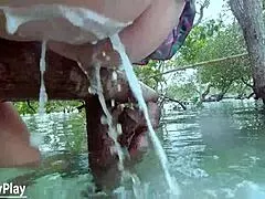 Chubby mature milf pushes strong anal milk enema from huge asshole outdoors close up dirty solo