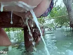Chubby mature milf pushes strong anal milk enema from huge asshole outdoors close up dirty solo
