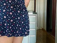 stepmom's sheer dress flashes huge tits and legs in kitchen morning tease