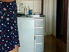 stepmom's sheer dress flashes huge tits and legs in kitchen morning tease