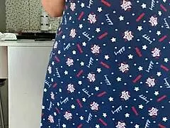 stepmom's sheer dress flashes huge tits and legs in kitchen morning tease