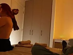 stepmom's naughty video call got me sharin her tight redhead pussy hotel bed spoonin passionate foreplay