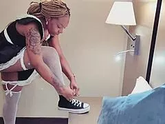 Ebony maid finds huge dildo rams it deep in soaking wet pussy solo