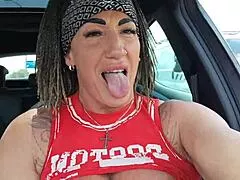 Watch me pull out these big tits and fuck my wet pussy in the car for everyone