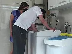 brazilian milf client gets huge cocked handyman dick deep after washer fix flashing big ass pussy