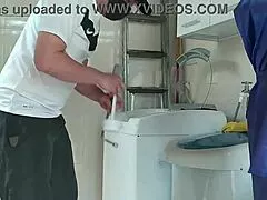 brazilian milf client gets huge cocked handyman dick deep after washer fix flashing big ass pussy