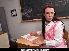 Stepsis and teacher, ready for big dick stepbro to fuck your asses in class threesome?