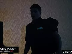 Brandi Love's huge tits bounce spit roasted bent over by two monster BBCs!