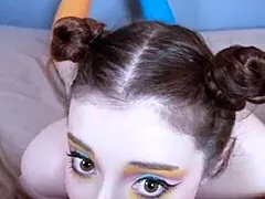 pov close-up of beautiful glasses girl in hair buns sucking balls deepthroating then swallowing facial and throatpie