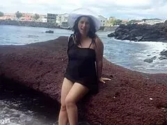Curvy brunette lady slips into sexy outfit masturbates hairy pussy on beach during outdoor photoshoot voyeur session