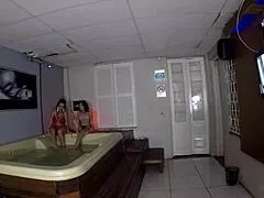 lady milf joy cardozo chills in the sauna with gaucho pussyhunter dinnigata for some relaxed fun