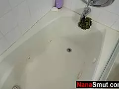 Hot mature granny blows stepgrandson pov oral sucking in steamy shower taboo old young