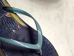 Uncut cock throbs hard during flip flop foot seduction tease