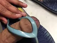 Uncut cock throbs hard during flip flop foot seduction tease