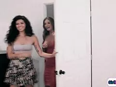 Roommate joins busty milf bff for wet lesbian 3some licking?