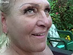 busty mature slut pumps huge outdoor penis then gets covered in hot cum with her chubby friends