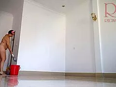 Naked Maid Cleans Office without Panties Showing Big Pussy Lips and Juicy Curvy Ass