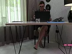 A boss interviews blonde secretary for deepthroat skills and cowgirl riding in office quickie