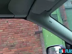 British Milf Bonnie Rose Flashes Big Natural Tits Wet Shaved Pussy in Car Public Closeup with Neighbor Tease