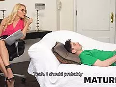 Mature Cougar Seduces on Sofa with Shaved Pussy Action