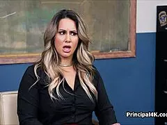 curvy housewife gulps principals fat dick deep at work