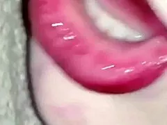 Stepmom's Super Wet Puffy Pussy in Sensual Red Lipstick Closeup