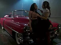 backstage, big natural tits milf seduces slim teen in classic lesbian parody kiss and toy play