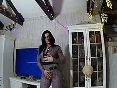 curvy wife in tight furry jumpsuit boots deepthroats messy cum licks every drop