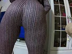 curvy wife in tight furry jumpsuit boots deepthroats messy cum licks every drop