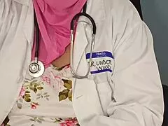 in the office patient bends over hijab-wearing fat ass bbw milf doctor for close-up doggystyle black cock pounding until juicy wet pussy overflows with huge creampie