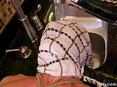 dominant milf straps on massive dildo and pegs bound male slave roughly in intense bdsm submission session