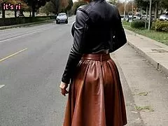 hey redhead mature wife teases in leather skirt boots on public bus dancing wild