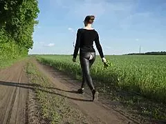 croatian babe teases in tight ripped leather leggings flashing ass on outdoor yoga walk