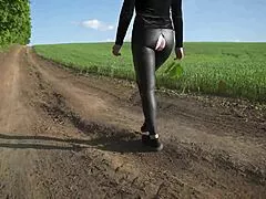 croatian babe teases in tight ripped leather leggings flashing ass on outdoor yoga walk