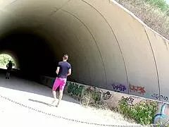Cougar step-mom tempts young boy outdoors gently