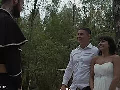 pretty brunette bride moans wet pussy bent over doggystyle two monster cocks facial before wedding quickie