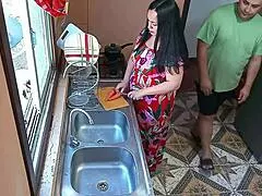 Stepmom's big ass shakes hard in kitchen pound. Soft tits bounce real amateur slam