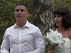 pretty brunette bride moans wet pussy bent over doggystyle two monster cocks facial before wedding quickie