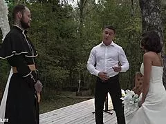 pretty brunette bride moans wet pussy bent over doggystyle two monster cocks facial before wedding quickie